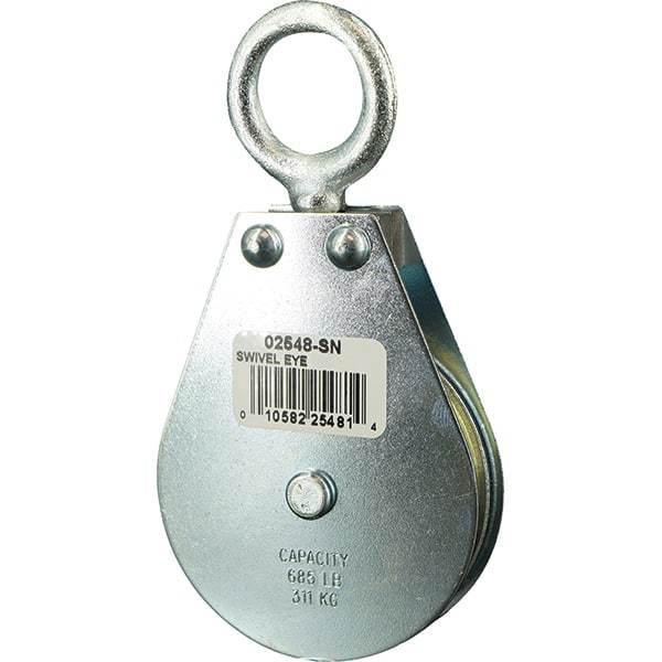 Block Division - 685 Lbs. Load Limit, Swivel Eye Snatch Block - Single Sheave, 2-1/2 Inch Outside Diameter, Wire Rope, 1/4 Inch Diameter, Eye, 7/8 Inch Inside Diameter, Carbon Steel, Zinc Plated Finish - Industrial Tool & Supply