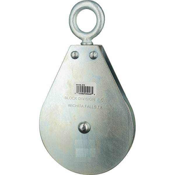 Block Division - 640 Lbs. Load Limit, Swivel Eye Snatch Block - Single Sheave, 3 Inch Outside Diameter, Wire Rope, 1/4 Inch Diameter, Eye, 7/8 Inch Inside Diameter, Carbon Steel, Zinc Plated Finish - Industrial Tool & Supply
