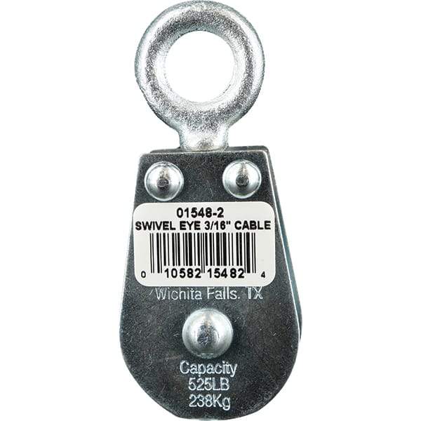 Block Division - 525 Lbs. Load Limit, Swivel Eye Snatch Block - Double Sheave, 1-5/8 Inch Outside Diameter, Wire Rope, 3/16 Inch Diameter, Eye, 5/8 Inch Inside Diameter, Carbon Steel, Zinc Plated Finish - Industrial Tool & Supply