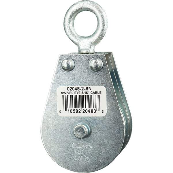 Block Division - 600 Lbs. Load Limit, Swivel Eye Snatch Block - Double Sheave, 2 Inch Outside Diameter, Wire Rope, 3/16 Inch Diameter, Eye, 5/8 Inch Inside Diameter, Carbon Steel, Zinc Plated Finish - Industrial Tool & Supply