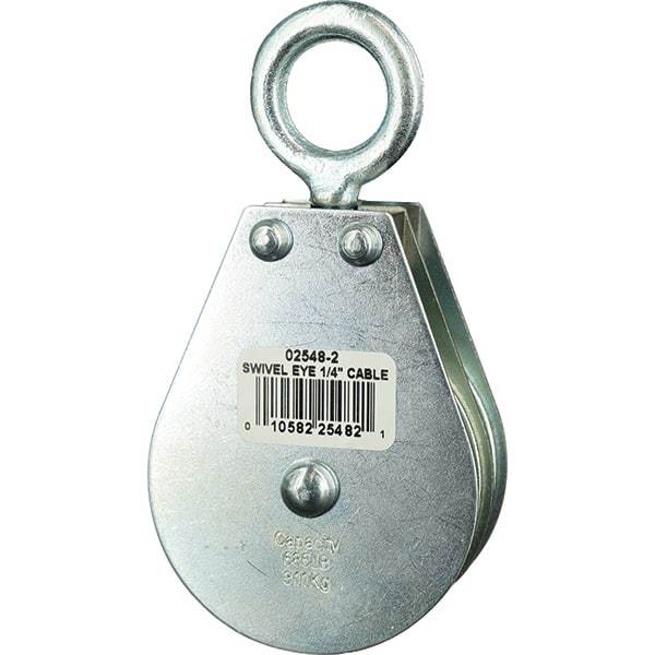Block Division - 685 Lbs. Load Limit, Swivel Eye Snatch Block - Double Sheave, 2-1/2 Inch Outside Diameter, Wire Rope, 1/4 Inch Diameter, Eye, 7/8 Inch Inside Diameter, Carbon Steel, Zinc Plated Finish - Industrial Tool & Supply