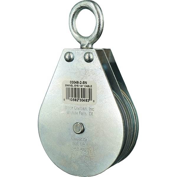 Block Division - 800 Lbs. Load Limit, Swivel Eye Snatch Block - Double Sheave, 3 Inch Outside Diameter, Wire Rope, 1/4 Inch Diameter, Eye, 7/8 Inch Inside Diameter, Carbon Steel, Zinc Plated Finish - Industrial Tool & Supply