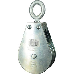 Block Division - 1, 550 Lbs. Load Limit, Swivel Eye Snatch Block - Double Sheave, 3-3/4 Inch Outside Diameter, Wire Rope, 5/16 Inch Diameter, Eye, 1-3/16 Inch Inside Diameter, Carbon Steel, Zinc Plated Finish - Industrial Tool & Supply