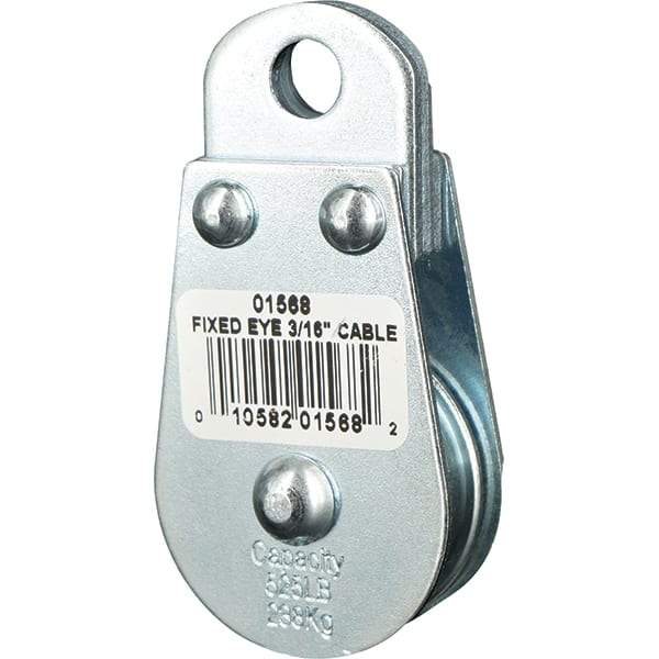 Block Division - 525 Lbs. Load Limit, Rigid Eye Block - Single Sheave, 1-1/2 Inch Outside Diameter, Wire Rope, 3/16 Inch Diameter, Eye, 3/8 Inch Inside Diameter, Carbon Steel, Zinc Plated Finish - Industrial Tool & Supply