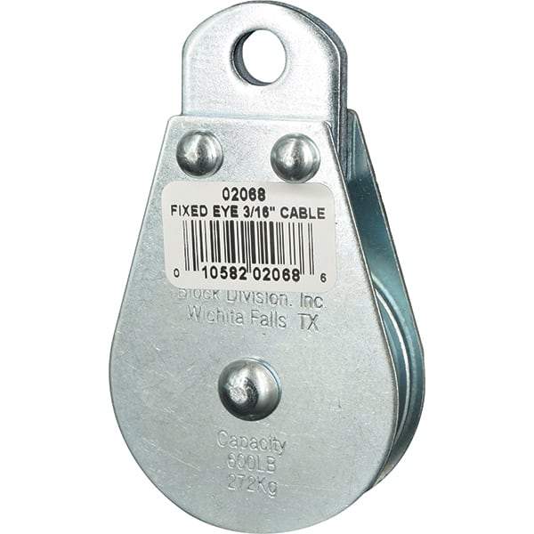 Block Division - 600 Lbs. Load Limit, Rigid Eye Block - Single Sheave, 2 Inch Outside Diameter, Wire Rope, 3/16 Inch Diameter, Eye, 3/8 Inch Inside Diameter, Carbon Steel, Zinc Plated Finish - Industrial Tool & Supply