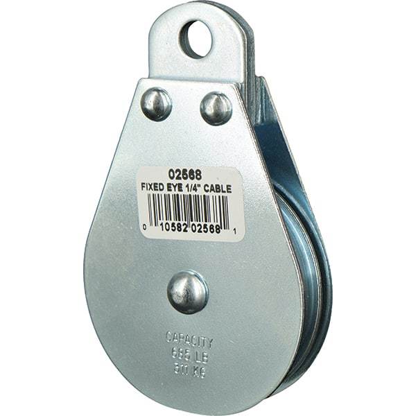 Block Division - 685 Lbs. Load Limit, Rigid Eye Block - Single Sheave, 2-1/2 Inch Outside Diameter, Wire Rope, 1/4 Inch Diameter, Eye, 3/8 Inch Inside Diameter, Carbon Steel, Zinc Plated Finish - Industrial Tool & Supply