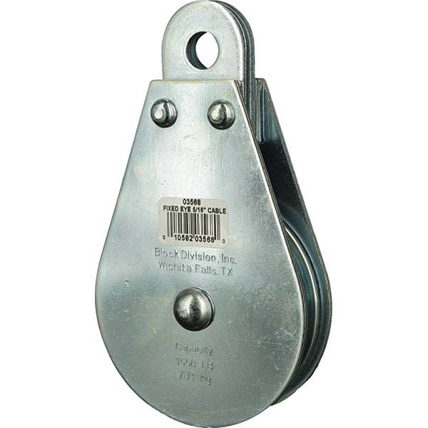 Block Division - 1, 550 Lbs. Load Limit, Rigid Eye Block - Single Sheave, 3-1/2 Inch Outside Diameter, Wire Rope, 5/16 Inch Diameter, Eye, 9/16 Inch Inside Diameter, Carbon Steel, Zinc Plated Finish - Industrial Tool & Supply