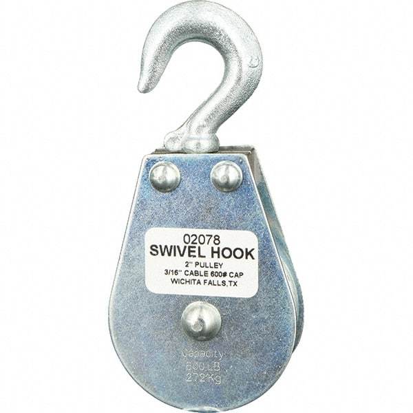 Block Division - 600 Lbs. Load Limit, Swivel Hook Block - Single Sheave, 2 Inch Outside Diameter, Wire Rope, 3/16 Inch Diameter, Eye, 3/8 Inch Inside Diameter, Carbon Steel, Zinc Plated Finish - Industrial Tool & Supply