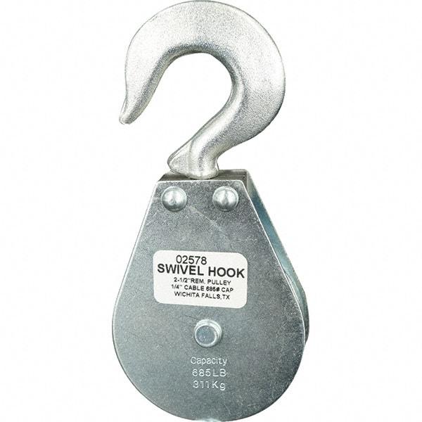 Block Division - 685 Lbs. Load Limit, Swivel Hook Block - Single Sheave, 2-1/2 Inch Outside Diameter, Wire Rope, 1/4 Inch Diameter, Eye, 3/8 Inch Inside Diameter, Carbon Steel, Zinc Plated Finish - Industrial Tool & Supply