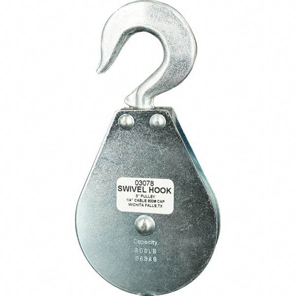 Block Division - 800 Lbs. Load Limit, Swivel Hook Block - Single Sheave, 3 Inch Outside Diameter, Wire Rope, 1/4 Inch Diameter, Eye, 3/8 Inch Inside Diameter, Carbon Steel, Zinc Plated Finish - Industrial Tool & Supply