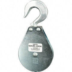 Block Division - 800 Lbs. Load Limit, Swivel Hook Block - Single Sheave, 3 Inch Outside Diameter, Wire Rope, 1/4 Inch Diameter, Eye, 3/8 Inch Inside Diameter, Carbon Steel, Zinc Plated Finish - Industrial Tool & Supply