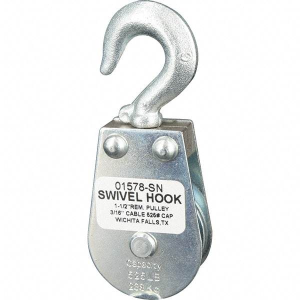 Block Division - 525 Lbs. Load Limit, Swivel Hook Block - Single Sheave, 1-5/8 Inch Outside Diameter, Wire Rope, 3/16 Inch Diameter, Eye, 3/8 Inch Inside Diameter, Carbon Steel, Zinc Plated Finish - Industrial Tool & Supply