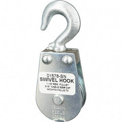 Block Division - 525 Lbs. Load Limit, Swivel Hook Block - Single Sheave, 1-5/8 Inch Outside Diameter, Wire Rope, 3/16 Inch Diameter, Eye, 3/8 Inch Inside Diameter, Carbon Steel, Zinc Plated Finish - Industrial Tool & Supply
