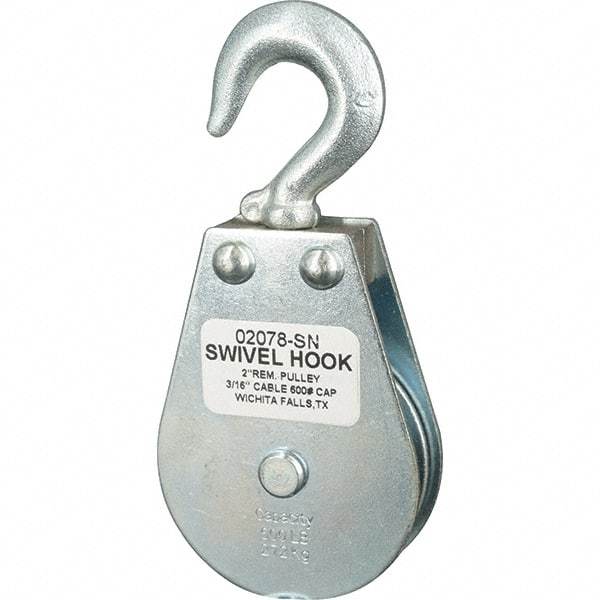 Block Division - 600 Lbs. Load Limit, Swivel Hook Block - Single Sheave, 2-1/8 Inch Outside Diameter, Wire Rope, 3/16 Inch Diameter, Eye, 3/8 Inch Inside Diameter, Carbon Steel, Zinc Plated Finish - Industrial Tool & Supply