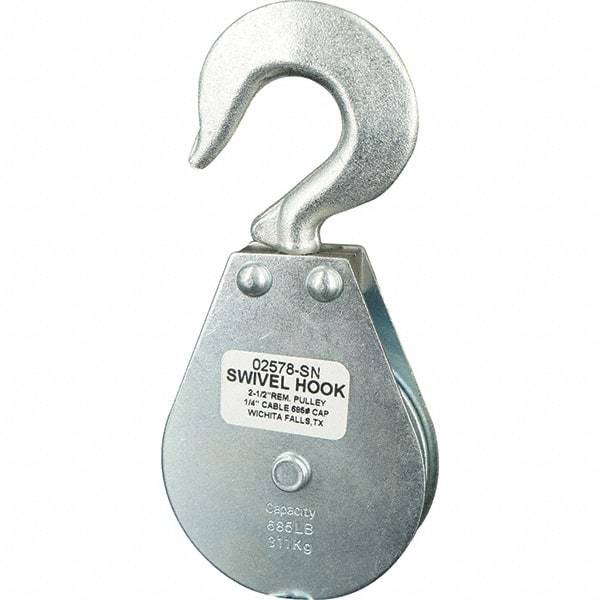 Block Division - 685 Lbs. Load Limit, Swivel Hook Block - Single Sheave, 2-5/8 Inch Outside Diameter, Wire Rope, 1/4 Inch Diameter, Eye, 3/8 Inch Inside Diameter, Carbon Steel, Zinc Plated Finish - Industrial Tool & Supply