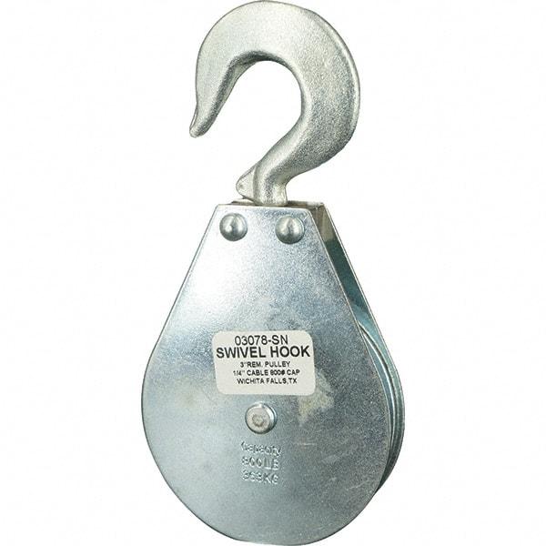 Block Division - 800 Lbs. Load Limit, Swivel Hook Block - Single Sheave, 3-1/8 Inch Outside Diameter, Wire Rope, 1/4 Inch Diameter, Eye, 3/8 Inch Inside Diameter, Carbon Steel, Zinc Plated Finish - Industrial Tool & Supply