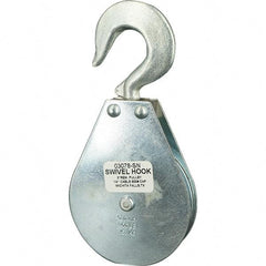 Block Division - 800 Lbs. Load Limit, Swivel Hook Block - Single Sheave, 3-1/8 Inch Outside Diameter, Wire Rope, 1/4 Inch Diameter, Eye, 3/8 Inch Inside Diameter, Carbon Steel, Zinc Plated Finish - Industrial Tool & Supply