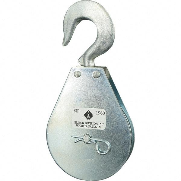 Block Division - 1, 550 Lbs. Load Limit, Swivel Hook Block - Single Sheave, 3-3/4 Inch Outside Diameter, Wire Rope, 5/16 Inch Diameter, Eye, 9/16 Inch Inside Diameter, Carbon Steel, Zinc Plated Finish - Industrial Tool & Supply