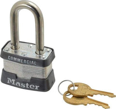 Master Lock - 1-1/2" Shackle Clearance, Keyed Different Padlock - 5/8" Shackle Width, 9/32" Shackle Diam, Laminated Steel - Industrial Tool & Supply