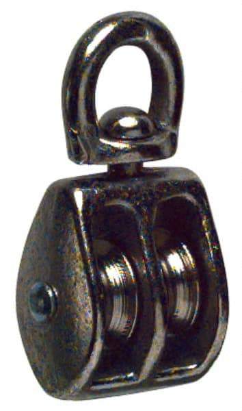 Value Collection - Swivel Eye Double Sheave Pulley - Sheave, 1 Inch Outside Diameter, Fibrous Rope, 1/4 Inch Diameter, Gray Iron, Nickel Plated Finish - Industrial Tool & Supply