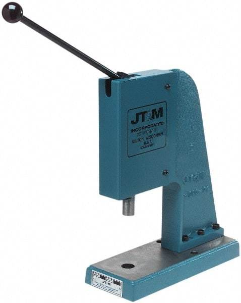 JT&M - 1" Ram, 4-3/4" Throat Depth, 2 Ton Manual Arbor Press - 5-15/16" Max Work Height x 9-1/2" Max Work Width, 5" Base Width x 13" Base Depth - Industrial Tool & Supply