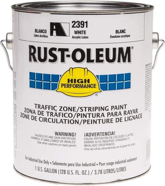 Rust-Oleum - 1 Gallon White Water Based Striping Paint - 410 Linear Ft. at 4 Inch Wide, <100 VOC Compliant, 30 Minutes Tack Free Dry Time, 8 Hrs Recoat Dry Time - Industrial Tool & Supply