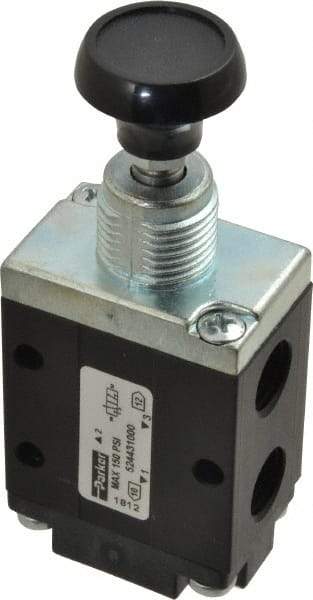 Parker - 0.83 CV Rate, 1/4" NPT Inlet Direct Air 4 Mechanical Spool Valve - 3 Way, 2 Position NC, 150 Max psi, Button Manual Return - Industrial Tool & Supply