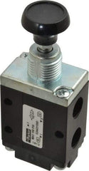 Parker - 0.83 CV Rate, 1/4" NPT Inlet Direct Air 4 Mechanical Spool Valve - 3 Way, 2 Position NC, 150 Max psi, Button Manual Return - Industrial Tool & Supply