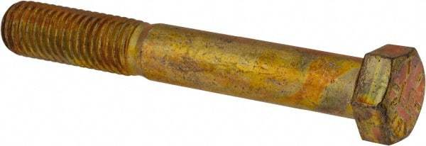 Made in USA - 9/16-12 UNC, 4" Length Under Head Hex Head Cap Screw - Partially Threaded, Grade 8 Alloy Steel, Zinc Yellow Dichromate Finish, 13/16" Hex - Industrial Tool & Supply