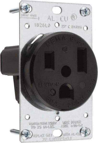 Leviton - 250 VAC, 50 Amp, 6-50P NEMA Configuration, Black, Industrial Grade, Self Grounding Single Receptacle - 1 Phase, 2 Poles, 3 Wire, Flush Mount, Tamper Resistant - Industrial Tool & Supply