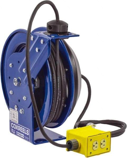 CoxReels - 12 AWG, 35' Cable Length, Cord & Cable Reel with Quad Outlet End - 4 Outlets, NEMA 5-20R, 20 Amps, 115 Volts, SJO Cable, Blue Reel, Spring Driven Reel - Industrial Tool & Supply