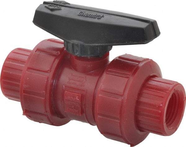 NIBCO - 1/2" Pipe, Full Port, PVDF True Union Design Ball Valve - 1 Piece, Inline - One Way Flow, FNPT x FNPT Ends, Wedge Handle, 150 WOG - Industrial Tool & Supply
