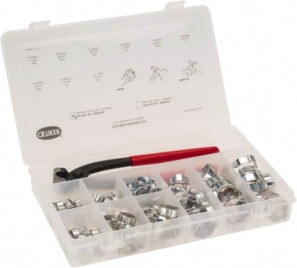 Oetiker - 124 Piece, 5/16 to 1" Diam, 2-Ear Service Clamp Kit - 123 Clamps & 1 Standard Jaw Pincers - Industrial Tool & Supply