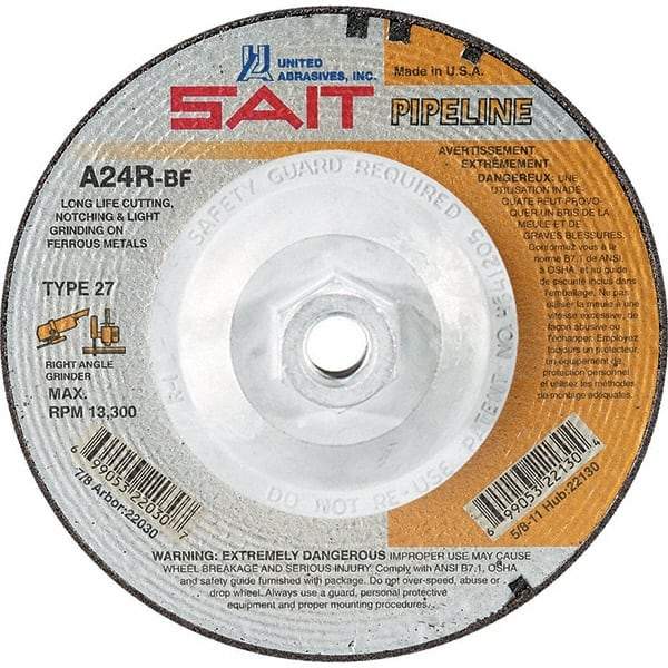 Sait - 24 Grit, 7" Wheel Diam, 1/8" Wheel Thickness, Type 27 Depressed Center Wheel - Aluminum Oxide, Resinoid Bond, R Hardness, 8,500 Max RPM, Compatible with Angle Grinder - Industrial Tool & Supply