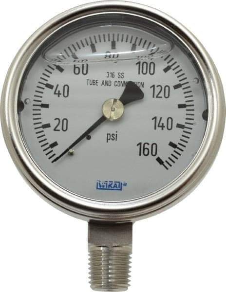 Wika - 2-1/2" Dial, 1/4 Thread, 0-160 Scale Range, Pressure Gauge - Lower Connection Mount, Accurate to 2-1-2% of Scale - Industrial Tool & Supply