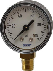 Wika - 1-1/2" Dial, 1/8 Thread, 0-100 Scale Range, Pressure Gauge - Lower Connection Mount, Accurate to 3-2-3% of Scale - Industrial Tool & Supply