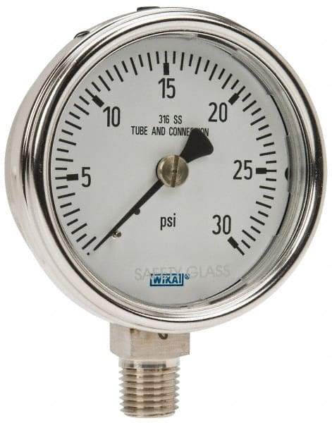 Wika - 2-1/2" Dial, 1/4 Thread, 0-30 Scale Range, Pressure Gauge - Lower Connection Mount, Accurate to 2-1-2% of Scale - Industrial Tool & Supply