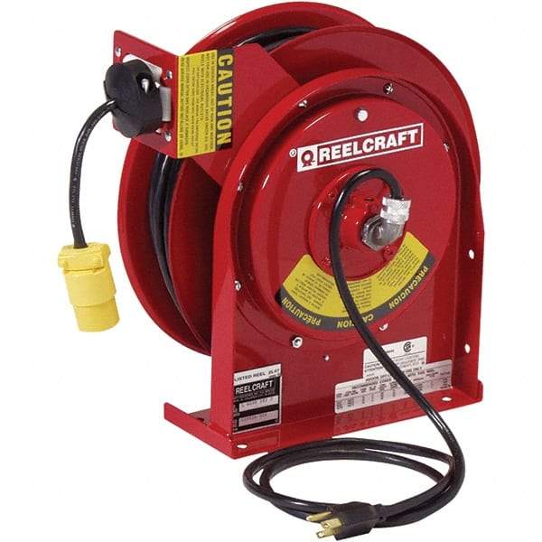 Reelcraft - 16 AWG, 50' Cable Length, Cord & Cable Reel with Single Nema 5-15 End - 1 Outlet, NEMA 4, 13 Amps, 125 Volts, SJTOW Cable, Red Reel, Spring Driven Reel - Industrial Tool & Supply