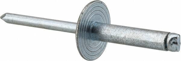 RivetKing - Size 610 Large Flange Dome Head Steel Open End Blind Rivet - Steel Mandrel, 0.501" to 5/8" Grip, 5/8" Head Diam, 0.192" to 0.196" Hole Diam, 0.825" Length Under Head, 3/16" Body Diam - Industrial Tool & Supply