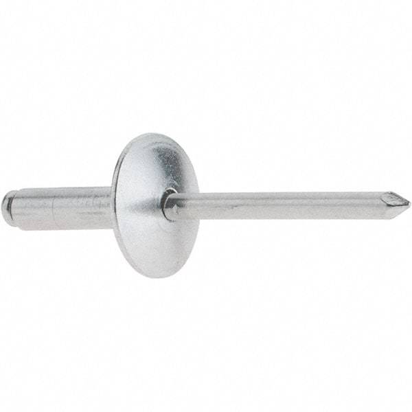 RivetKing - Size 68 Large Flange Dome Head Aluminum Open End Blind Rivet - Aluminum Mandrel, 0.376" to 1/2" Grip, 5/8" Head Diam, 0.192" to 0.196" Hole Diam, 0.7" Length Under Head, 3/16" Body Diam - Industrial Tool & Supply