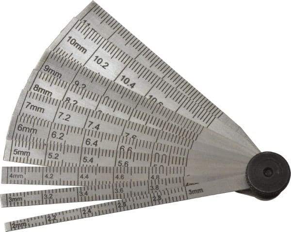 SPI - 2 to 12mm Measurement, 10 Leaf Taper Gage - 64mm Long, Tempered Steel, 0.02mm Graduation - Industrial Tool & Supply