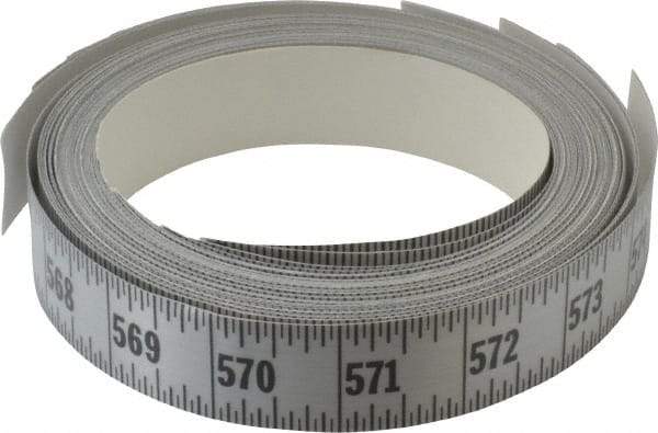 Made in USA - 48 Ft. Long x 1 Inch Wide, 1/16 Inch Graduation, Silver, Mylar Adhesive Tape Measure - Reads Left to Right, Horizontal Scale - Industrial Tool & Supply