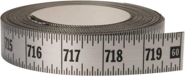 Made in USA - 60 Ft. Long x 1 Inch Wide, 1/16 Inch Graduation, Silver, Mylar Adhesive Tape Measure - Reads Left to Right, Horizontal Scale - Industrial Tool & Supply