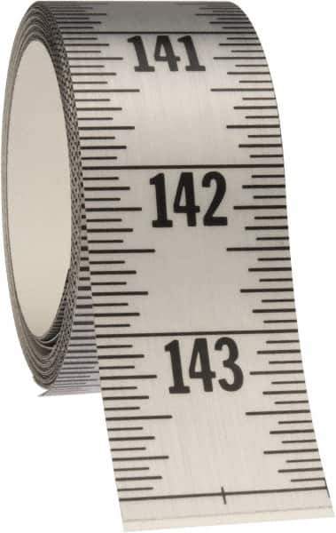 Made in USA - 12 Ft. Long x 1-1/4 Inch Wide, 1/16 Inch Graduation, Silver, Mylar Adhesive Tape Measure - Reads Top to Bottom, Vertical Rules - Industrial Tool & Supply