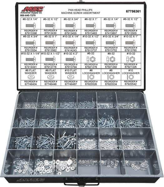 Value Collection - 1,200 Piece, #6-32 to #10-32, Steel Machine Screw Assortment - Pan Head, Phillips Drive, 1/4 to 2" Long, Grade 2 - Industrial Tool & Supply