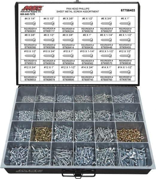 Value Collection - 2,000 Piece, #4x1/4 to #10 x 1-1/4, Steel Sheet Metal Screw Assortment - Pan Head, Phillips Drive, 1/4 to 1-1/2" Long, Grade 2 - Industrial Tool & Supply