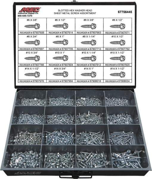Value Collection - 1,350 Piece, #6x3/8 to #14 x 1-1/2, Steel Sheet Metal Screw Assortment - Hex Washer Head, Slotted Drive, 3/8 to 1-1/2" Long, Grade 2 - Industrial Tool & Supply