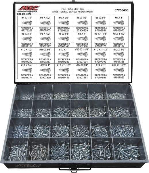 Value Collection - 2,000 Piece, #4x1/4 to #10 x 1-1/4, Steel Sheet Metal Screw Assortment - Pan Head, Slotted Drive, 1/4 to 1-1/2" Long, Grade 2 - Industrial Tool & Supply