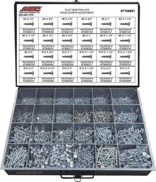 Value Collection - 2,400 Piece, #4x1/2 to #10 x 1-1/4, Steel Wood Screw Assortment - Flat Head, Phillips Drive, 1/2 to 3" Long, Grade 2 - Industrial Tool & Supply