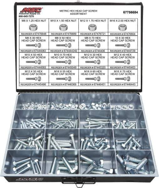 Value Collection - 200 Piece Steel Hex Head Cap Screws - M8 to M16 Thread, Grade 2 - Industrial Tool & Supply